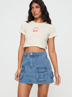   front view of model wearing Princess Polly Chillders Denim Mini Skirt Mid Wash Tall Mini Skirts Skirts 