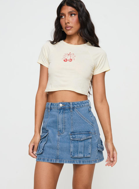   front view of model wearing Princess Polly Chillders Denim Mini Skirt Mid Wash Tall Mini Skirts Skirts 