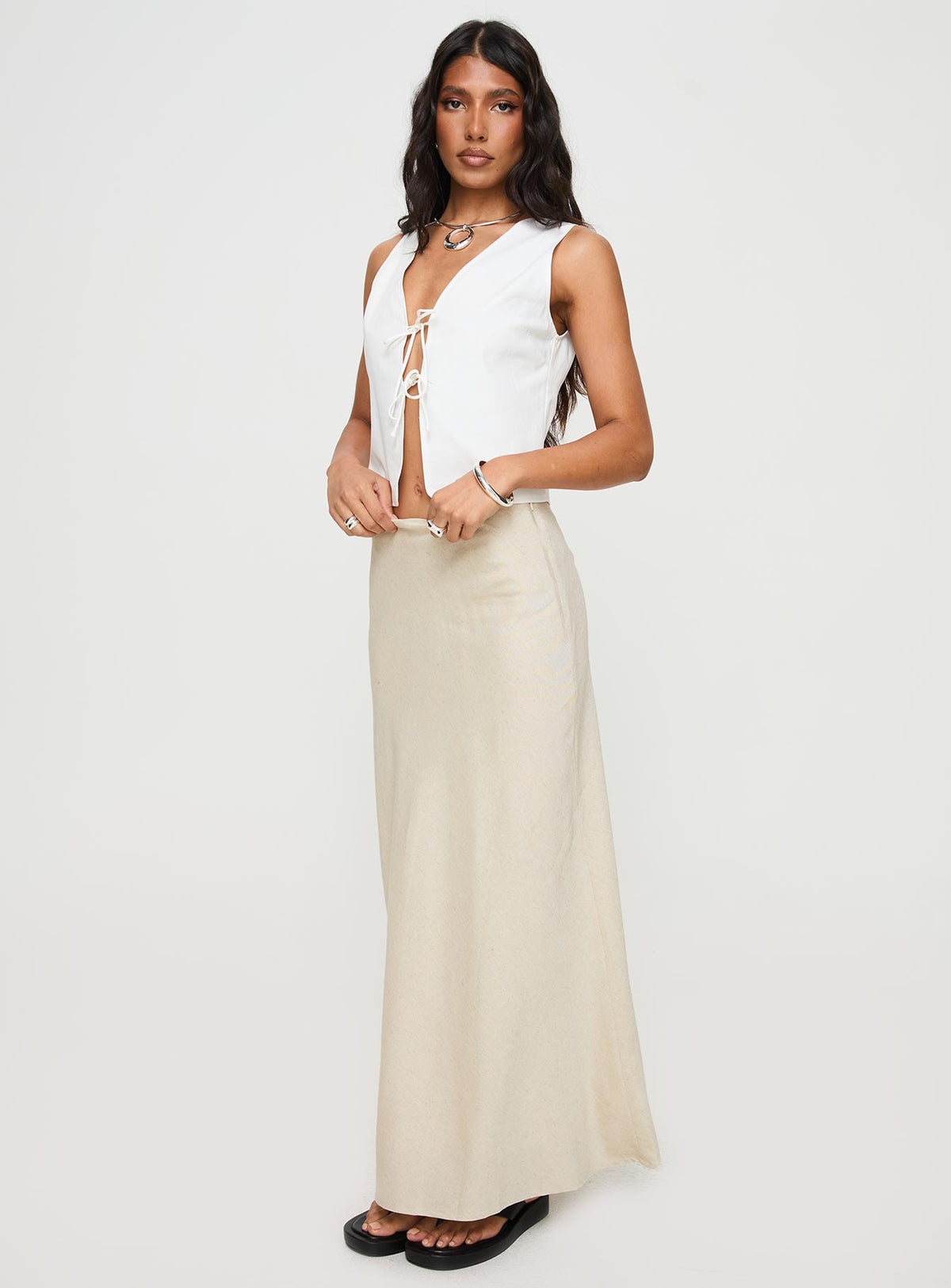 back view of model wearing Princess Polly All In Maxi Skirt Beige Maxi Skirts Skirts 