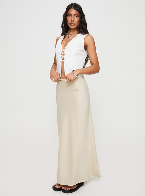 back view of model wearing Princess Polly All In Maxi Skirt Beige Maxi Skirts Skirts 