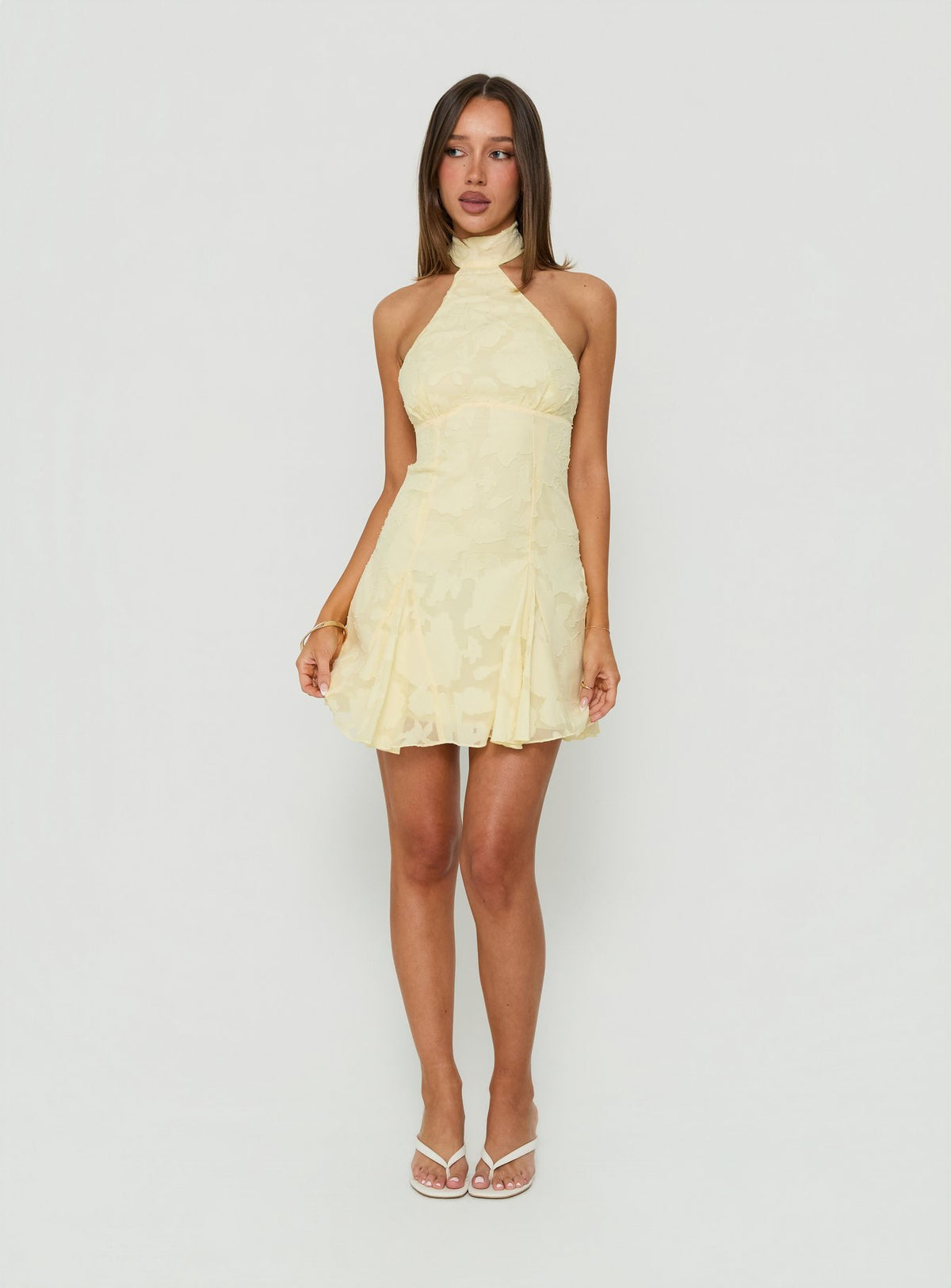 Bellanca Halter Pleat Mini Dress Butter Yellow Burnout