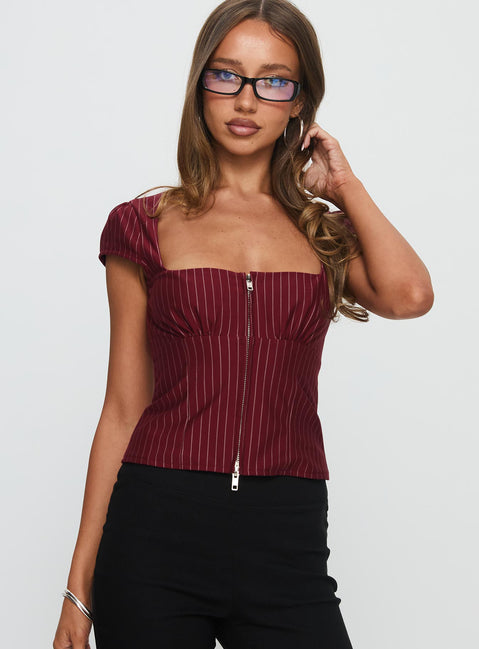 Santa Cruz Zip Through Top Burgundy Pinstripe