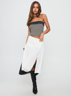   side view of model wearing Princess Polly Jonsie Tiered Frill Midi Skirt White Midi Skirts Skirts 