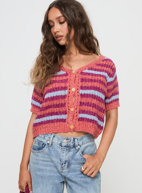 back view of model wearing Princess Polly Compassion Knit Cardigan Multi Cropped Jumpers Jumpers 
