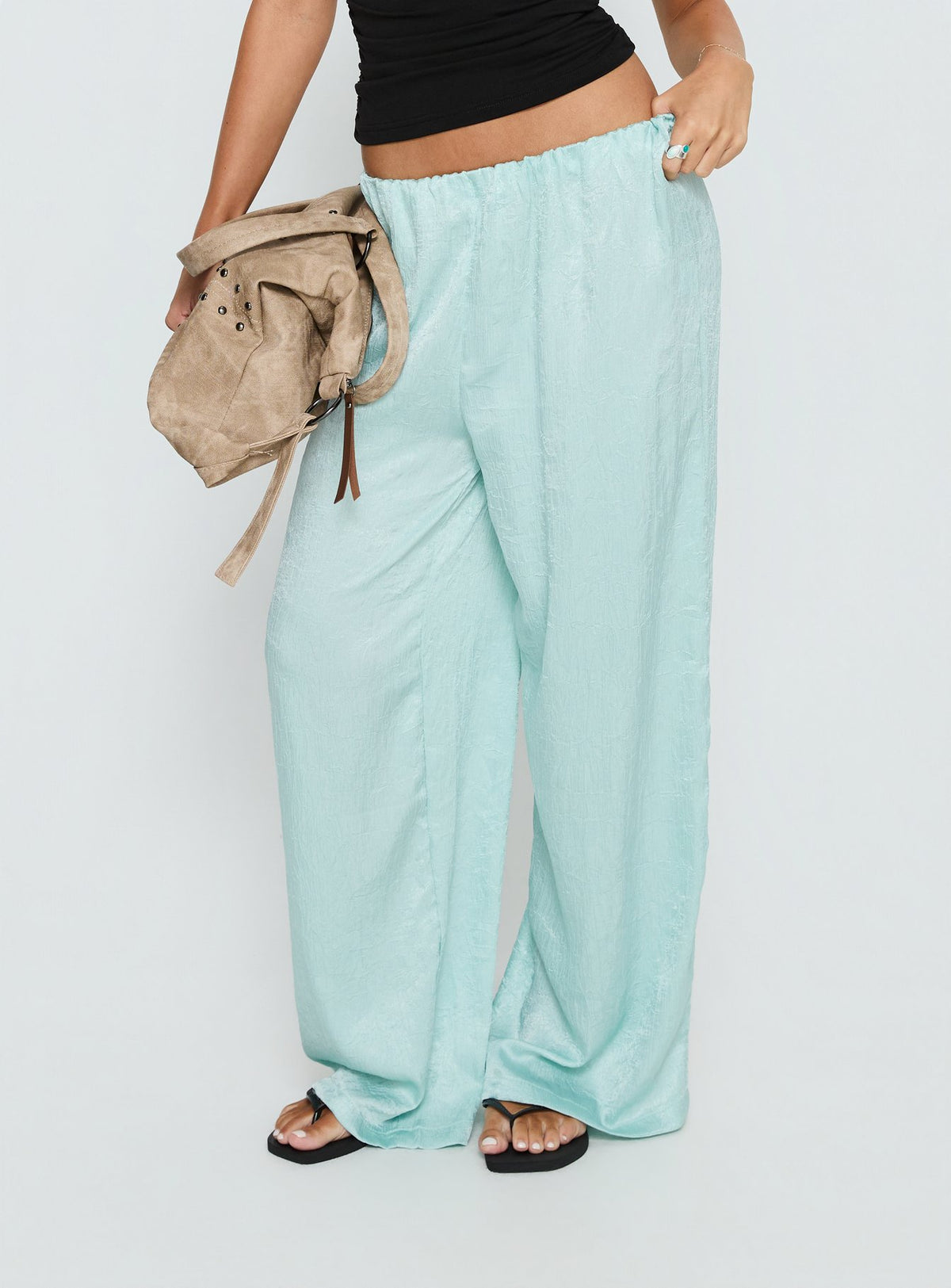 back view of model wearing Princess Polly Salona Satin Straight Leg Pants Jelly Mint Mid Rise Pants Pants 