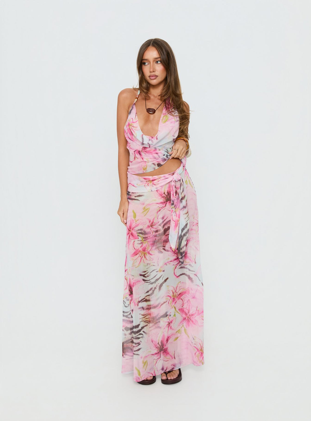 back view of model wearing Princess Polly Karzi Chiffon Maxi Skirt Pink Floral Maxi Skirts Skirts 