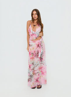 back view of model wearing Princess Polly Karzi Chiffon Maxi Skirt Pink Floral Maxi Skirts Skirts 