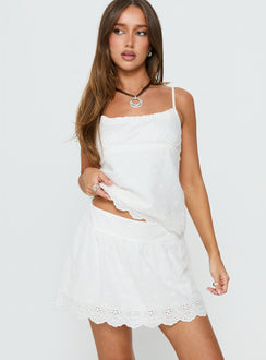   side view of model wearing Princess Polly Tiriah Embroidered Mini Skirt White Mini Skirts Skirts 
