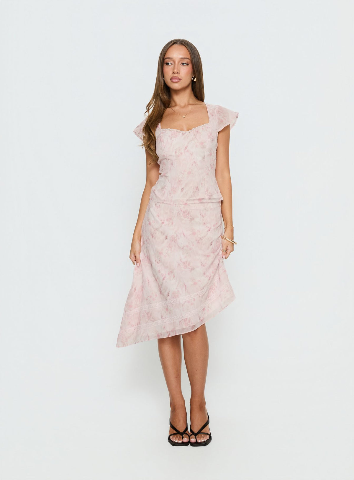   front view of model wearing Princess Polly Avaline Asymmetrical Midi Skirt Pink Skirts 
