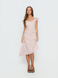  front view of model wearing Princess Polly Avaline Asymmetrical Midi Skirt Pink Skirts 