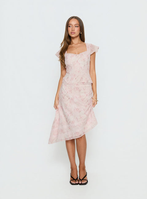   front view of model wearing Princess Polly Avaline Asymmetrical Midi Skirt Pink Skirts 