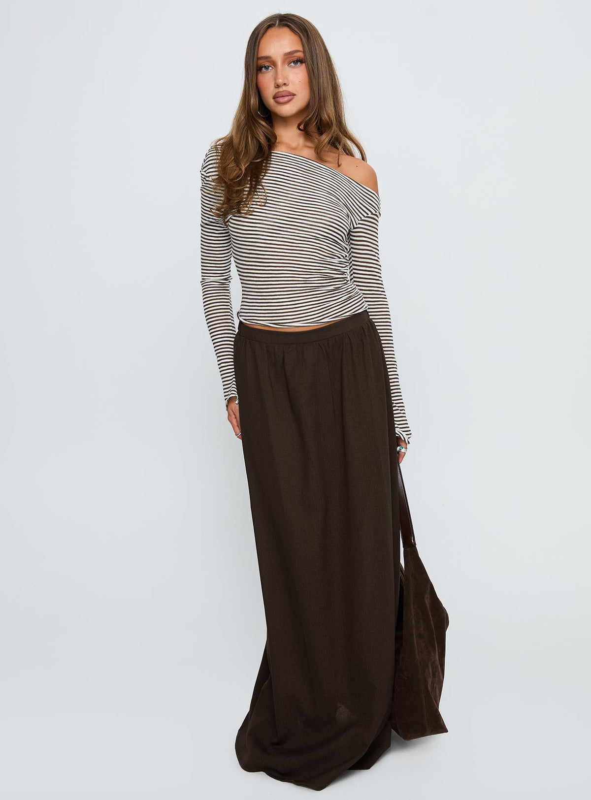   front view of model wearing Princess Polly Hallee Maxi Skirt Brown Maxi Skirts Skirts 