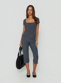 Featuring the Mayvie Capri Pants Navy Check in womens regular pants with high-rise waist detail view of model wearing