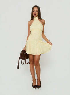 Bellanca Halter Pleat Mini Dress Butter Yellow Burnout