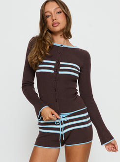 front view of model wearing Princess Polly Beverlea Button Down Knit Cardigan Brown / Blue Stripe Jumpers 