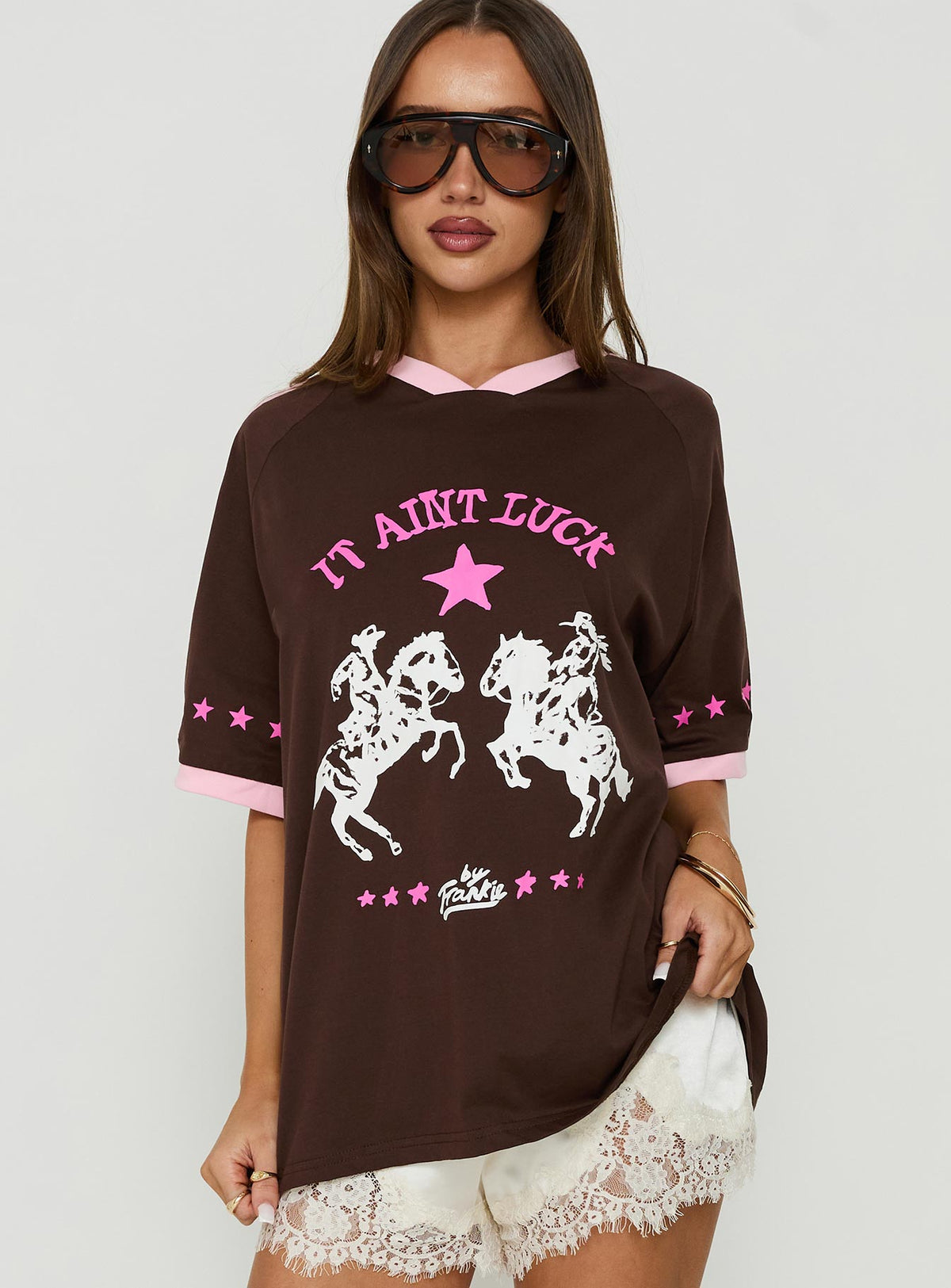 It Ain't Luck Oversized Graphic Tee Brown / Multi