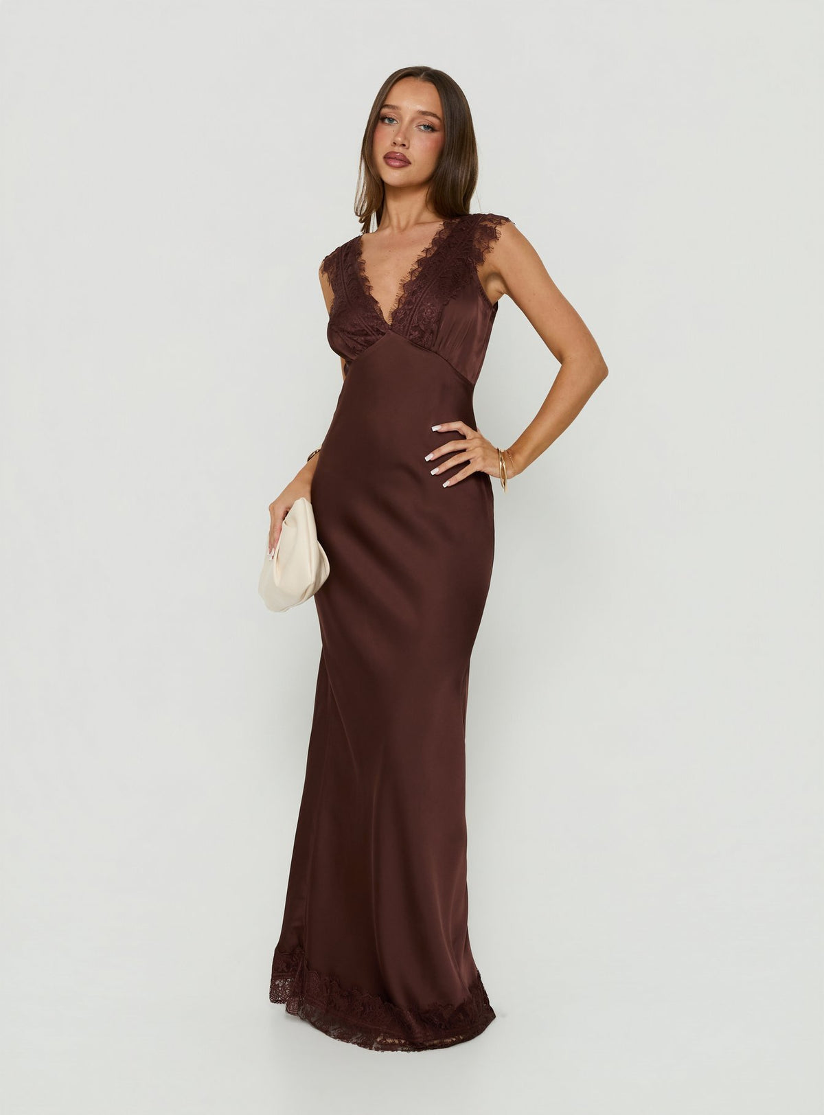 Kiinney Lace Trim Sleeveless Maxi Dress Brown