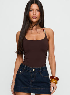 front view of model wearing Princess Polly Someone You Need Bead Detail Bodysuit Chocolate Sleeveless Bodysuit 