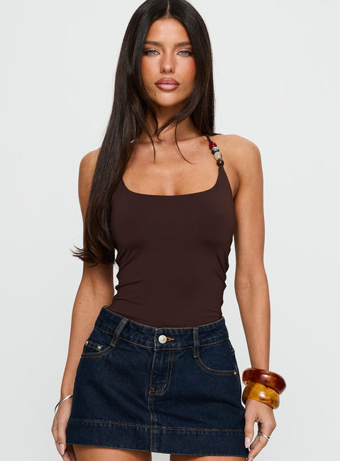 front view of model wearing Princess Polly Someone You Need Bead Detail Bodysuit Chocolate Sleeveless Bodysuit 