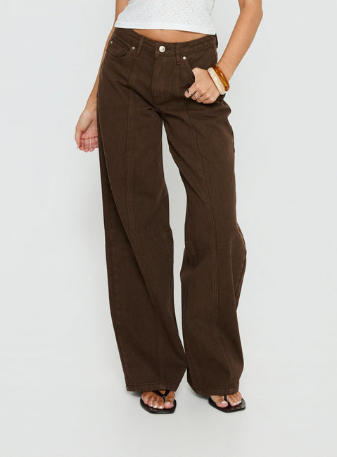 side view of model wearing Princess Polly Lando Low Rise Straight Leg Jeans Chocolate Mid Rise Jeans Jeans 
