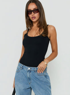 Featuring the Daily Define Kasper Bodysuit Black womens-bodysuit in sleeveless design with thick straps and scoop neckline front view of model wearing Princess Polly