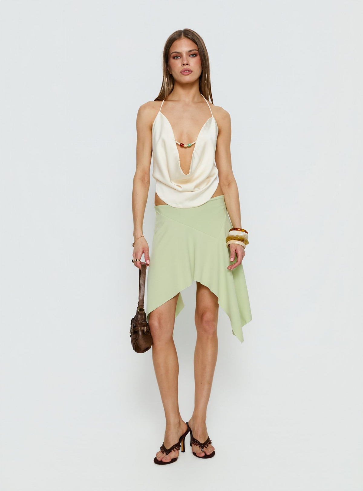   front view of model wearing Princess Polly Daelen Waterfall Midi Skirt Mint Midi Skirts Skirts 