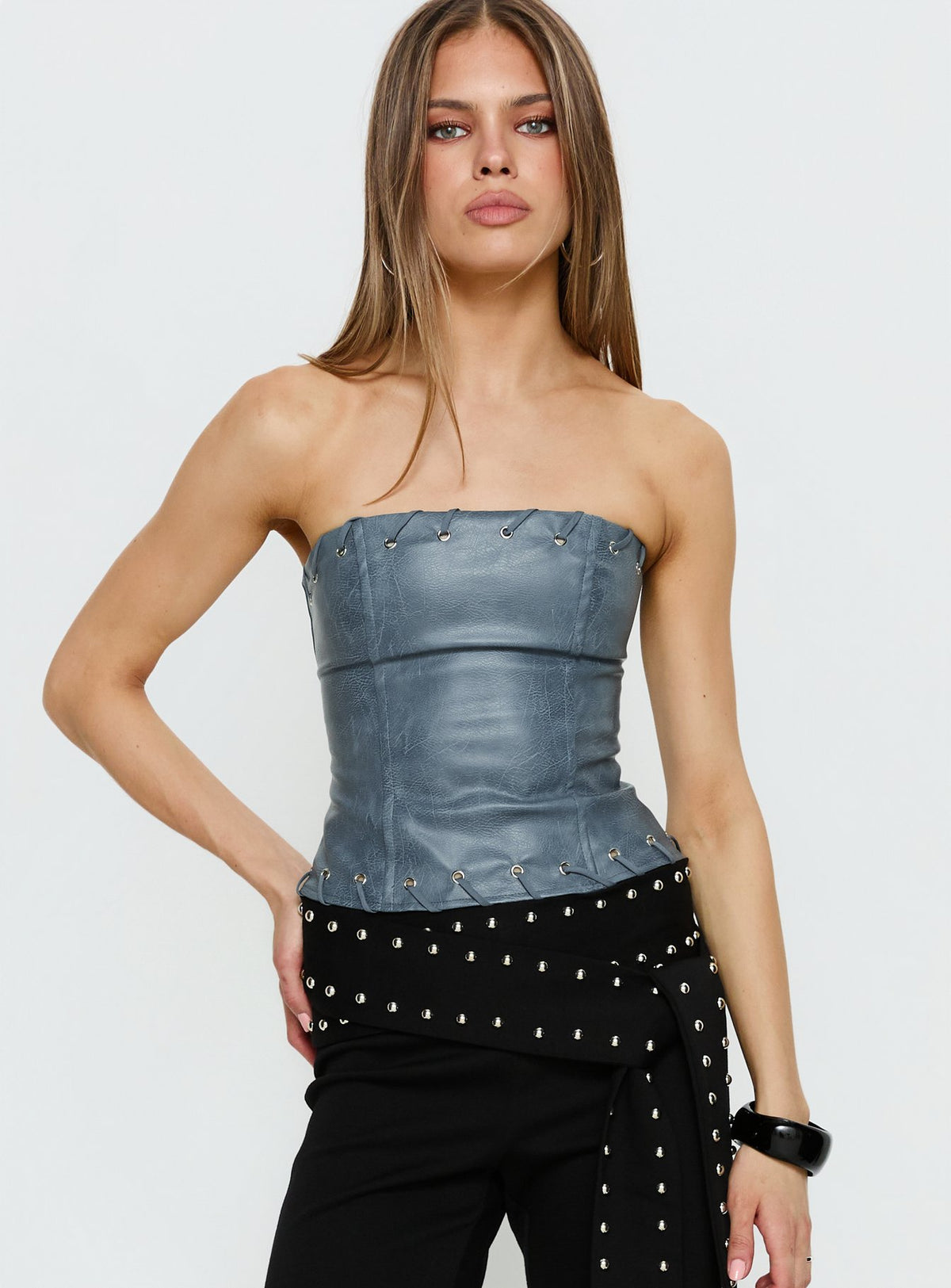 Pammie Faux Leather Strapless Top Blue