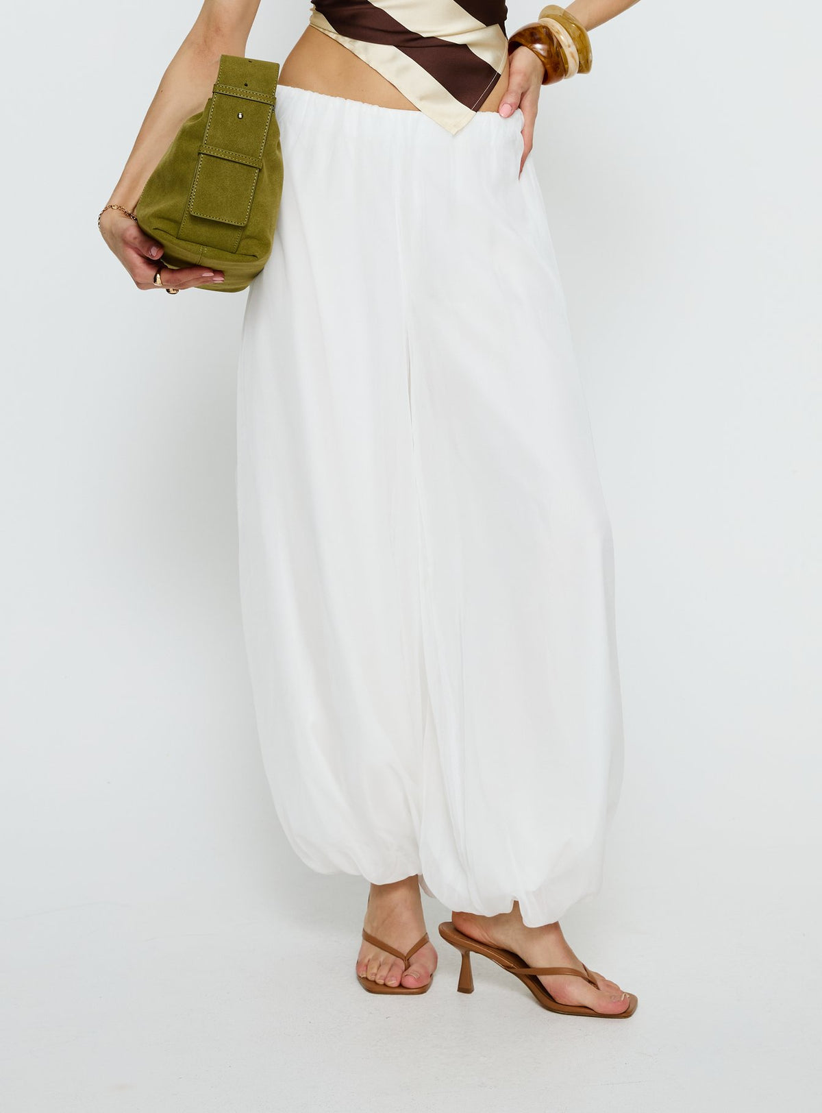 back view of model wearing Princess Polly Mirosa Balloon Leg Pants White Mid Rise Pants Pants 