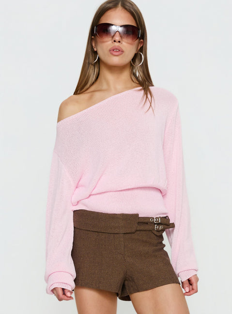 front view of model wearing Princess Polly Xaria Off Shoulder Knit Sweater Pink regular Jumpers 