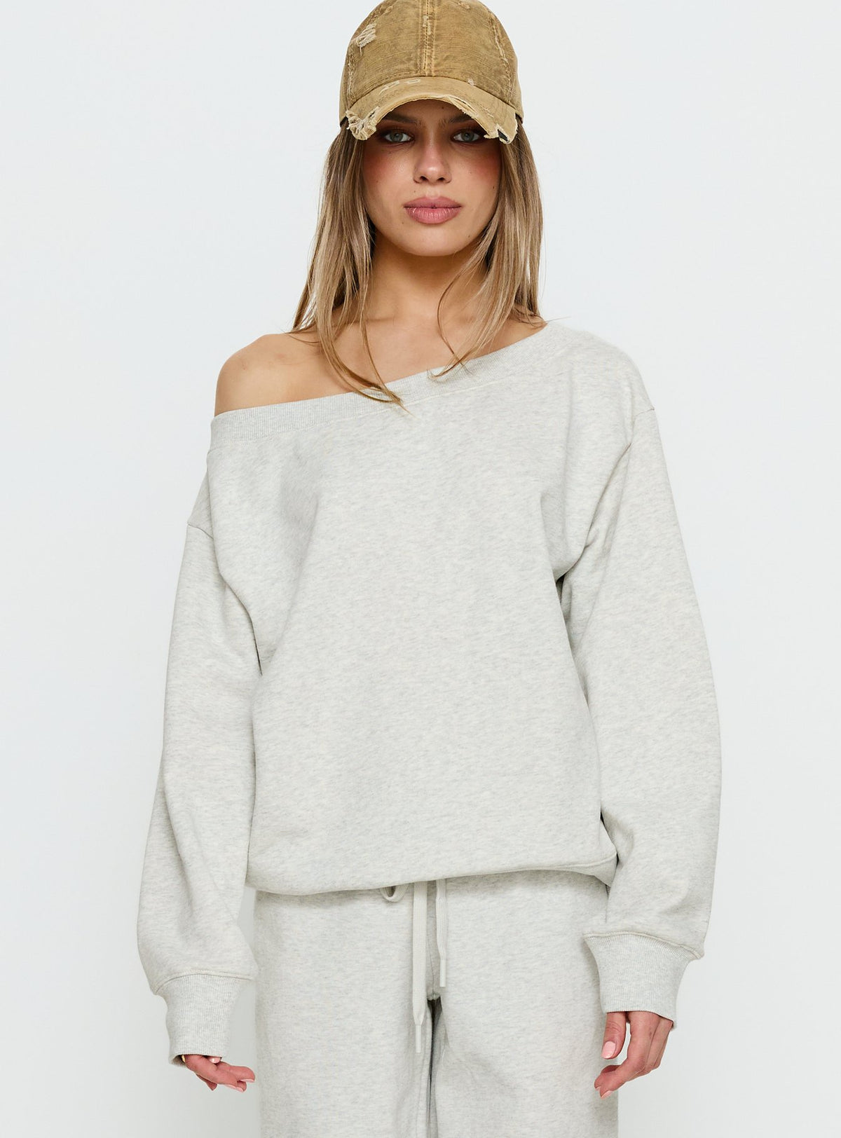 front view of model wearing Princess Polly Wellness Off the Shoulder Jumper Grey Marle Jumpers 