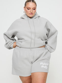 front view of model wearing Princess Polly Princess Polly Track Shorts Puff Text Grey Curve 