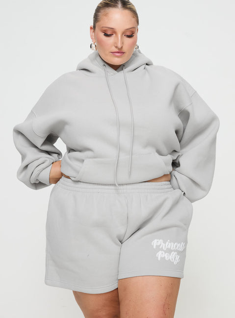 front view of model wearing Princess Polly Princess Polly Track Shorts Puff Text Grey Curve 