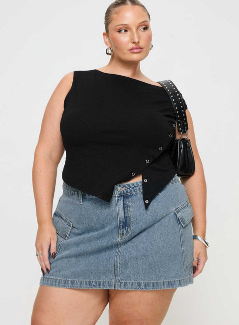   front view of model wearing Princess Polly Zakai Cargo Denim Mini Skirt Light Blue Denim Curve Mini Skirts Skirts 