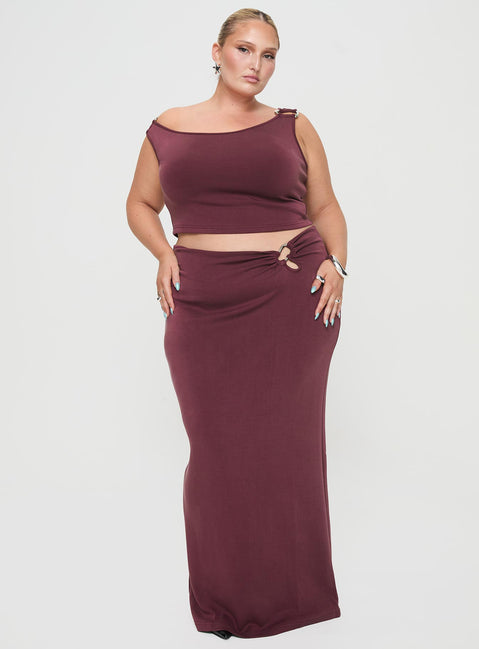   front view of model wearing Princess Polly Whiley Maxi Skirt Mauve Curve Maxi Skirts Skirts 