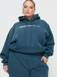 front view of model wearing Princess Polly Princess Polly Hooded Sweatshirt Block / Cursive Text Slate Curve Jumpers 