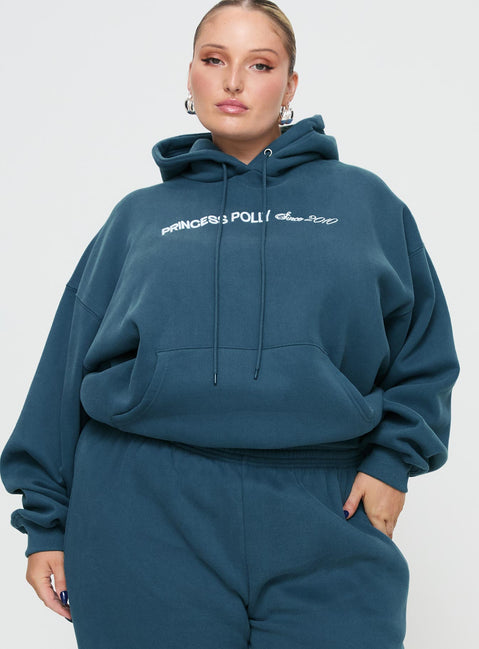 front view of model wearing Princess Polly Princess Polly Hooded Sweatshirt Block / Cursive Text Slate Curve Jumpers 