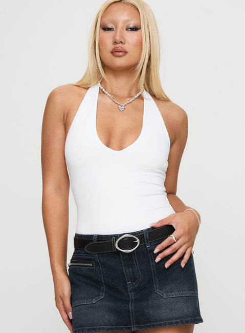 front view of model wearing Princess Polly Someone New Halter Bodysuit White Sleeveless Bodysuit 