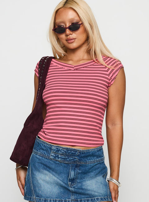 side view of model wearing Princess Polly Both Still Young V Neck Top Red Short Sleeves V-Neck 
