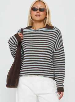 front view of model wearing Princess Polly Moon Went Dark Collared Knit Sweater Stripe Jumpers 