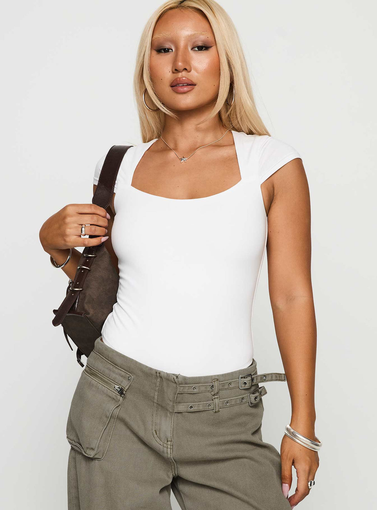 front view of model wearing Princess Polly Want You Forever Bodysuit White Short Sleeve Bodysuit 