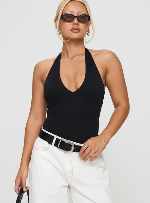 front view of model wearing Princess Polly Someone New Halter Bodysuit Black Tall Sleeveless Bodysuit 