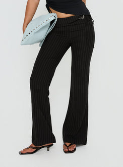 side view of model wearing Princess Polly Louder Please Tie Side Straight Leg Pants Black Pinstripe Mid Rise Pants Pants 