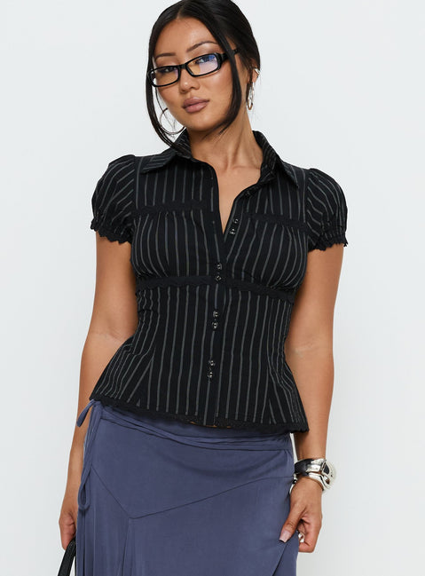 Deserve You Puff Sleeve Button Front Top Black Stripe