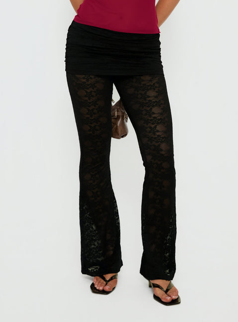 side view of model wearing Princess Polly Gogo Lace Flare Pants Black Mid Rise Pants Pants 