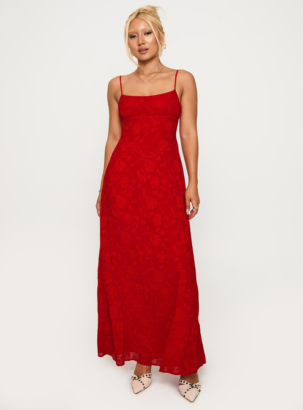 front view of model wearing Princess Polly South Of France Maxi Dress Red Scoop Neck 