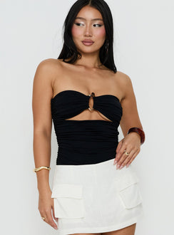 Featuring the See Me Soon Strapless Hardware Detail Bodysuit Black womens bodysuit with sleeveless cut and ruched keyhole details front view of model wearing Princess Polly