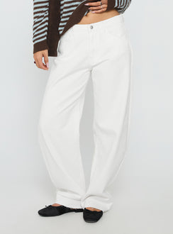 back view of model wearing Princess Polly Kaio Mid Rise Barrel Leg Denim Jeans White Mid Rise Jeans Jeans 