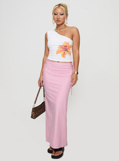   front view of model wearing Princess Polly Fluttering Maxi Skirt Pink Stripe Maxi Skirts Skirts 