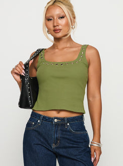 front view of model wearing Princess Polly Nobody Like You Top Khaki Sleeveless Square Neck 