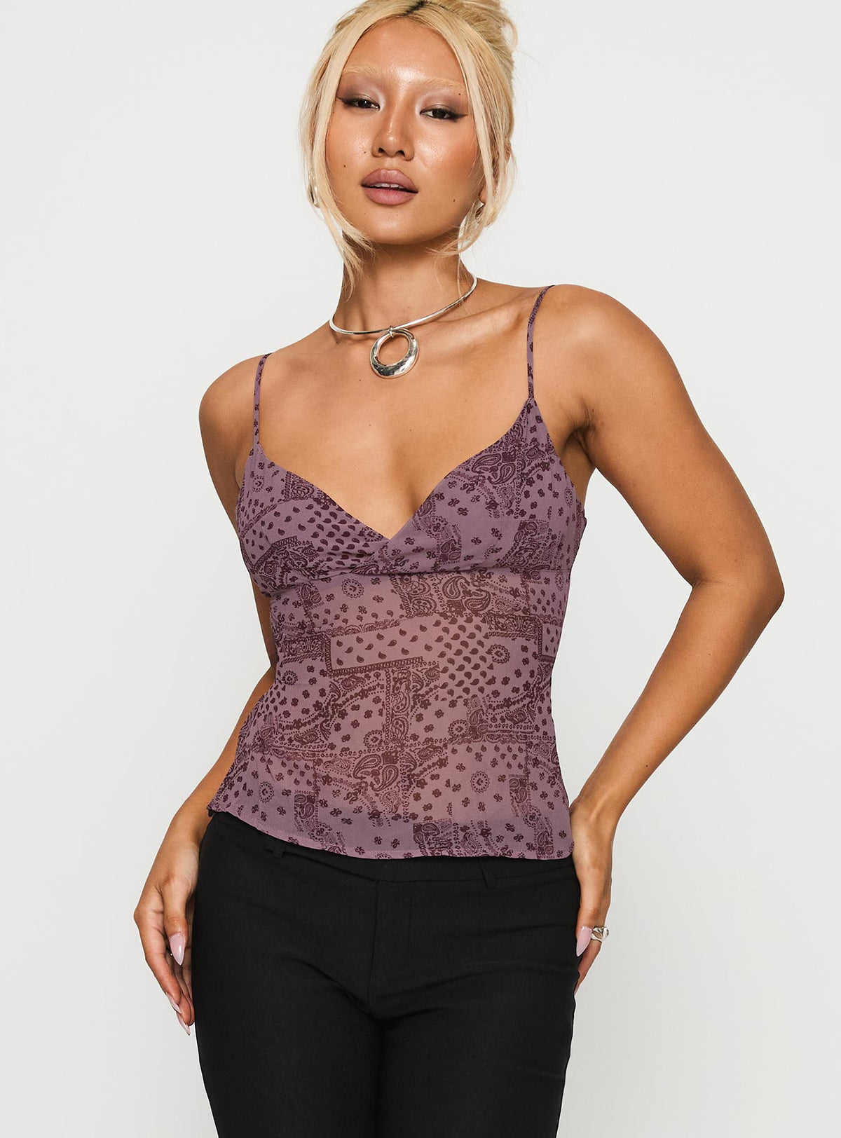 front view of model wearing Princess Polly Thank The Angels Backless Top Purple Sleeveless Plunger 